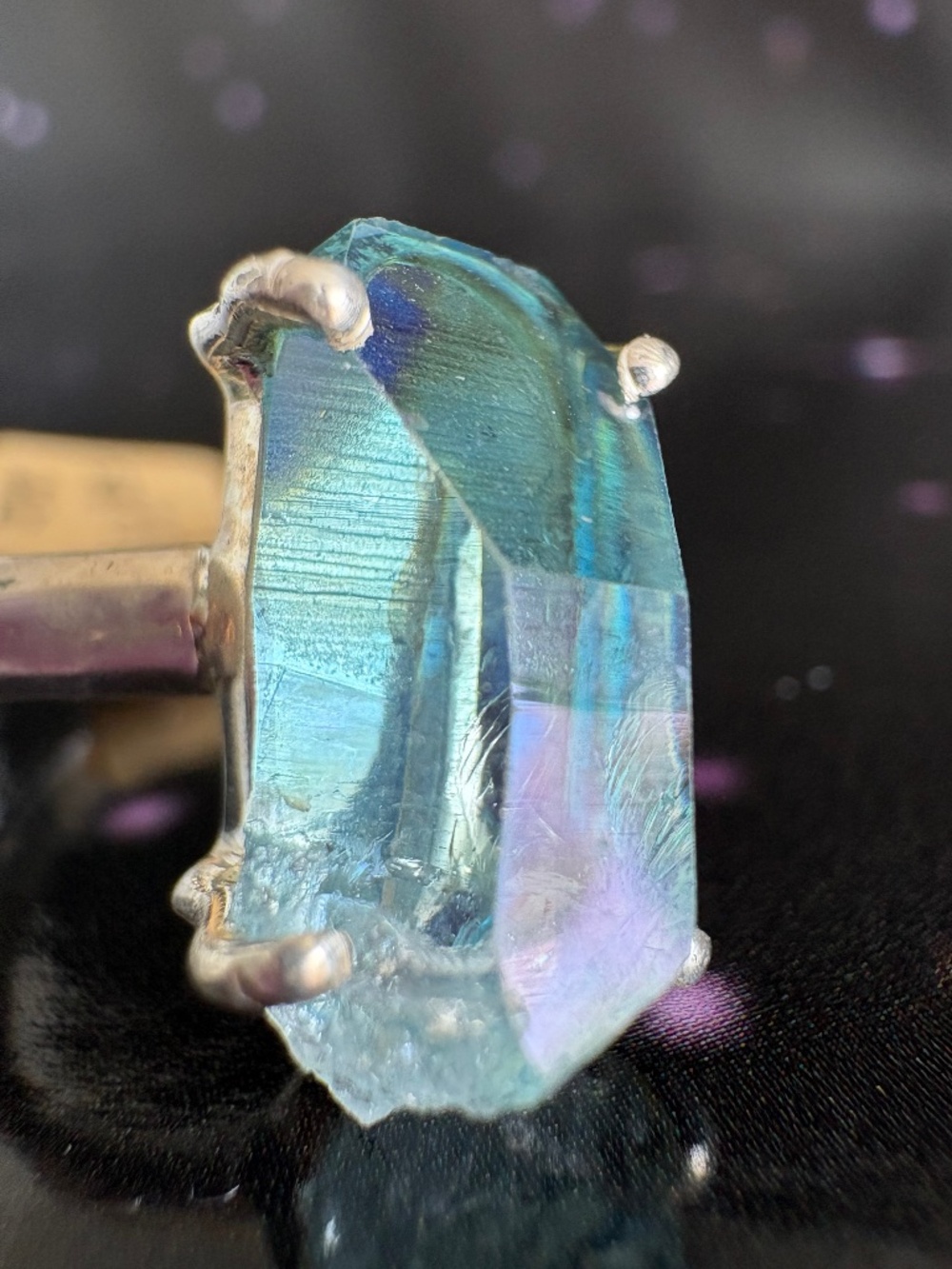 Aqua Aura Ring, size 7.5 sterling silver, Quartz Crystal AA20